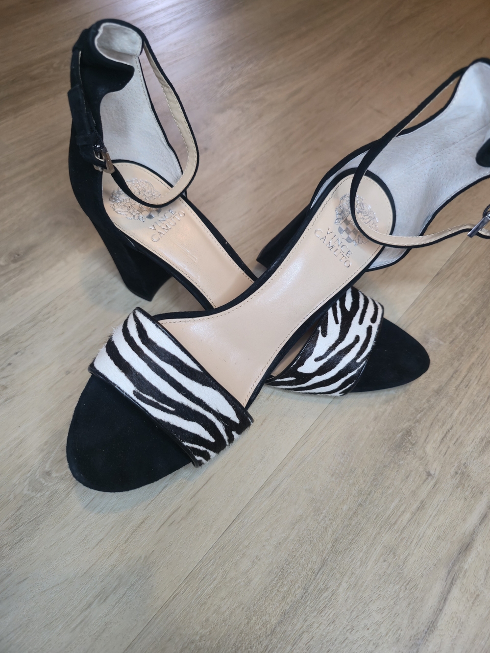 Vince Camuto Black and White Zebra Print Block Heel Sandals